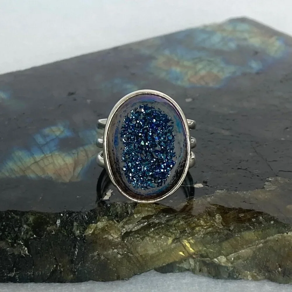 Sterling Silver 925 India Oval Blue Titanium Druzy Triple Band Ring Sz 7